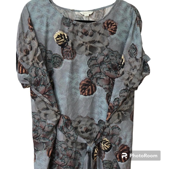 Garnet Hill SZ 08 Silk Tie Front Tunic Dress Short Sleeve Blue Gray Leaves Short - Picture 3 of 7